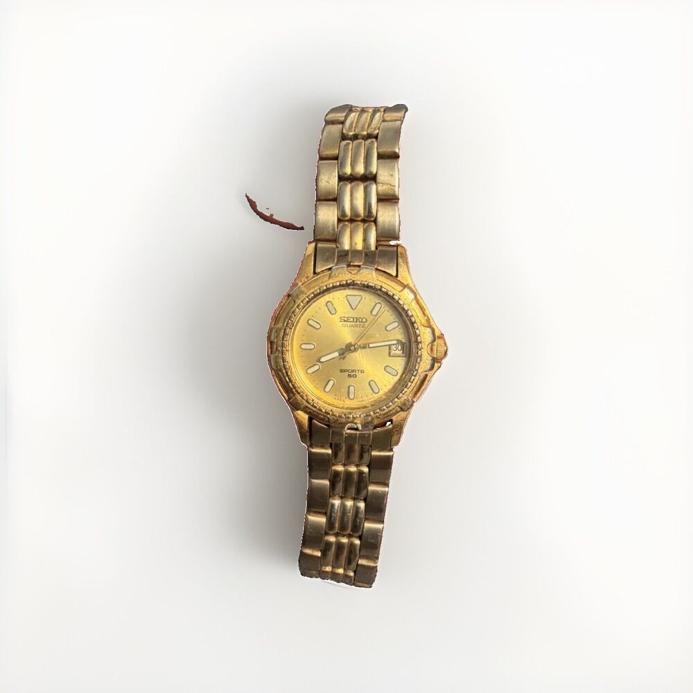 Seiko Womens 7N82-0271 Watch Sports 50 Bracelet Band Gold Dial Diver Date